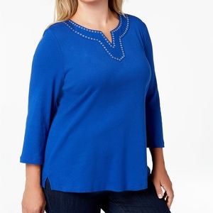NWT Karen Scott Plus Size Cotton Grommet-Trim Top
